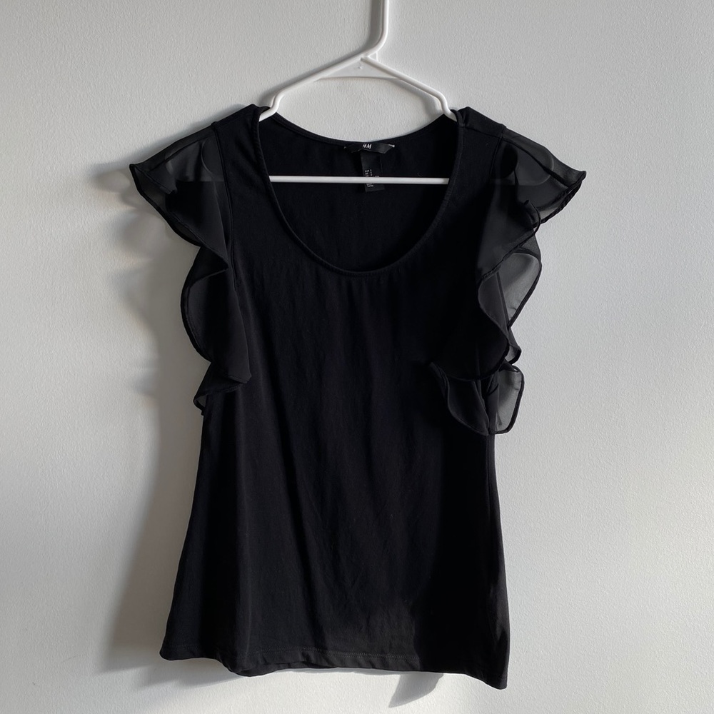 Simple black top with ruffle cap sleeve, size s